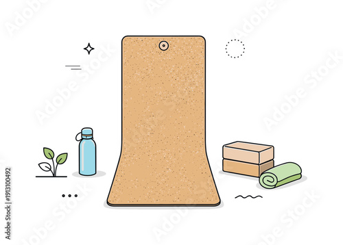 Minimalist Yoga Setup. Minimal yoga setup with eco mat. Natural yoga mat in cork or fiber texture placed symmetrically with small props like a water bottle or