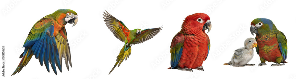 Obraz premium A group of colorful parrots and a small white bird on a transparent background