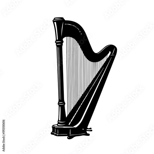 Elegant black harp with intricate string design and polished frame
