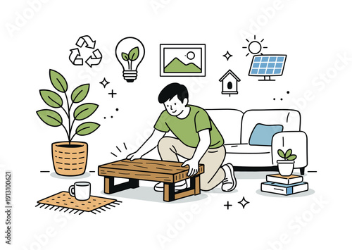 Sustainable interior design. A person placing reclaimed wood furniture into a room, focused and satisfied. The illustration suggests mindful
