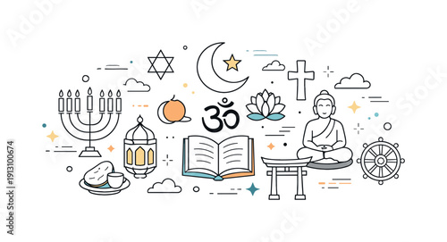 Religious holidays around the world. Diverse symbols from different faiths arranged in a calm, balanced composition, showing global