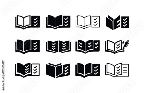 Book review. Icon set. Set Logo of Book review: checklist and book. harmonious logo variations of the same emblematic concept, each with