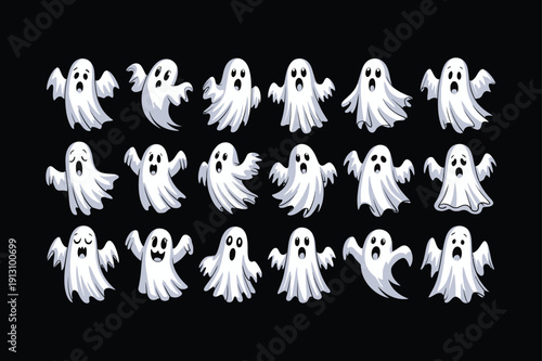 Cute Ghost Cartoon Character Collection. Funny Halloween Spirit Mascot Set with Different Expressions and Poses. White Spooky Phantom Vector Illustration Isolated on Black Background.