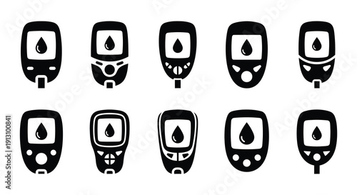 Black and white icons depicting blood glucose meters with varying readings