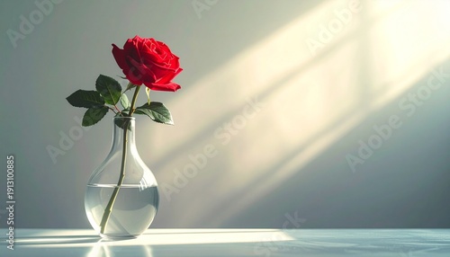 Single Red Rose in Glass Vase with Sunlight.
