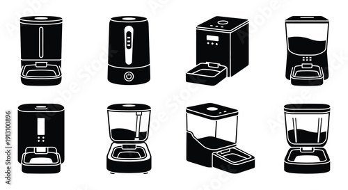 Black and white icons depicting various automatic pet feeders