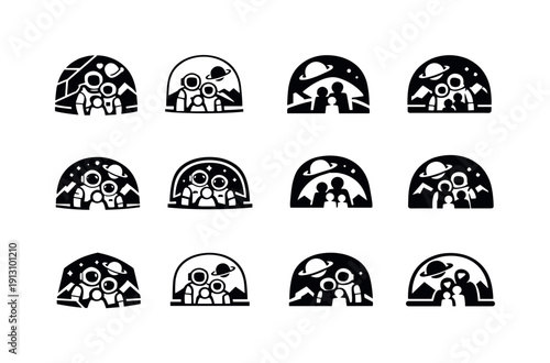 Space Family Icons. A family in a space habitat for long-term residence on another planet. Icon set. Set Logo of A family in a space habitat for long-term
