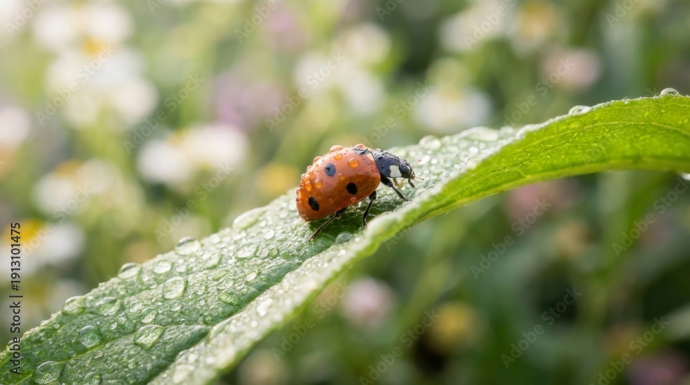 Obraz premium Ladybug Crawling on Dewy Green Leaf in Nature