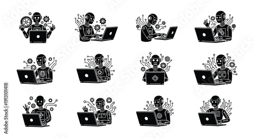 Stylized icons depicting robotic figures using laptops in a grid pattern