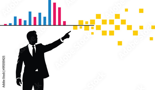 Businessman silhouette pointing at colorful financial bar charts and data pixels, representing professional market analysis, stock growth, and digital business success.
