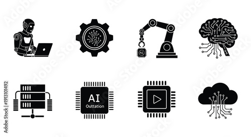 Stylized icons depicting robotic figures using laptops in a grid pattern
