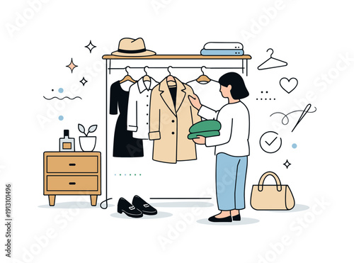 Timeless fashion and slow fashion principles. A calm editorial scene of a person choosing well-made clothing from a small curated wardrobe,