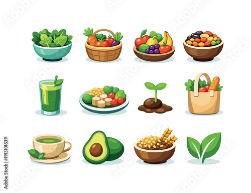    Plant-Based Lifestyle. Colorful flat vector icons set of Plant-Based Lifestyle: leafy greens bowl, fresh vegetables basket, fruits