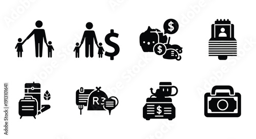 Black glyph icons depicting family finance travel and legal concepts