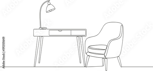 Minimalist Home Office Interior Line Illustration with Desk, Chair, and Lamp Modern Workspace Outline Vector Design