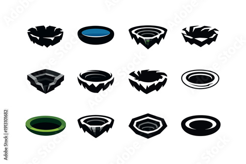 Pit. Icon set. Set Logo of Pit: circular abyss opening. harmonious logo variations of the same emblematic concept, each with different