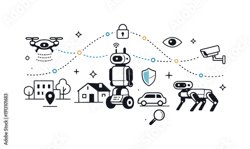 Automated surveillance patrols. Multiple AI units coordinating smoothly through abstract connection lines, covering different zones. The