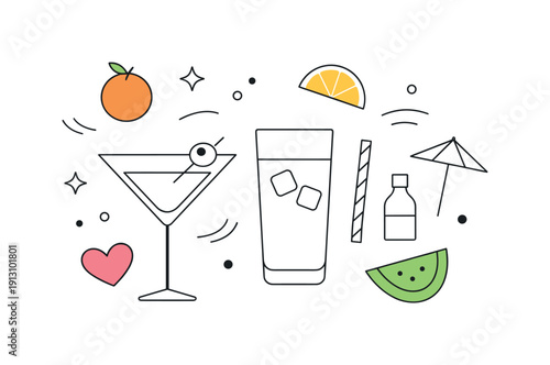Abstract summer cocktail props. Simplified cocktail elements floating independently, glasses and fruits reduced to basic shapes. Playful yet