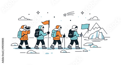Arctic expedition journey. A small group of explorers walking across icy terrain with backpacks and flags, expressing curiosity, endurance,