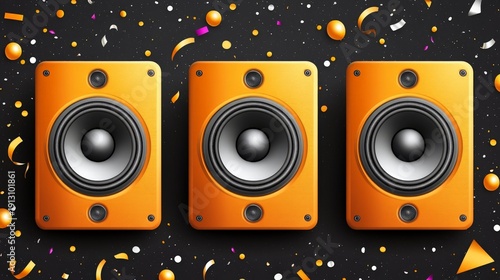 Three orange speakers are on a black background with confetti. The speakers are placed in a row, with the middle one slightly larger than the other two. The confetti adds a festive