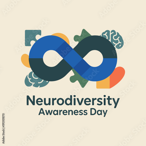 An image promoting neurodiversity awareness featuring an infinity symbol with puzzle pieces and a brain