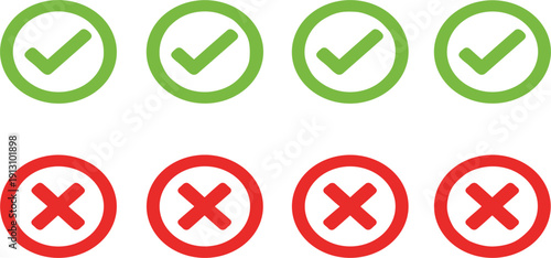 Green Check Mark and Red Cross Icon Set with Approved and Rejected Symbols in Circle Buttons Vector Illustration