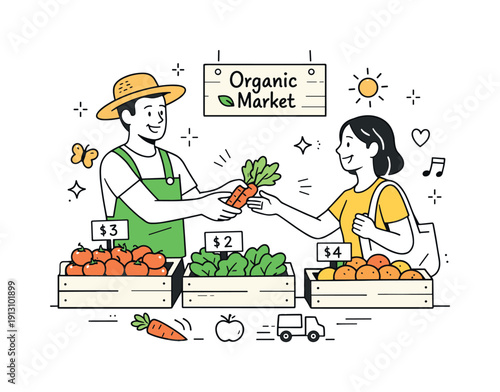 Organic produce market. Friendly exchange of fresh fruits and vegetables between farmer and customer, relaxed and positive mood. Simple