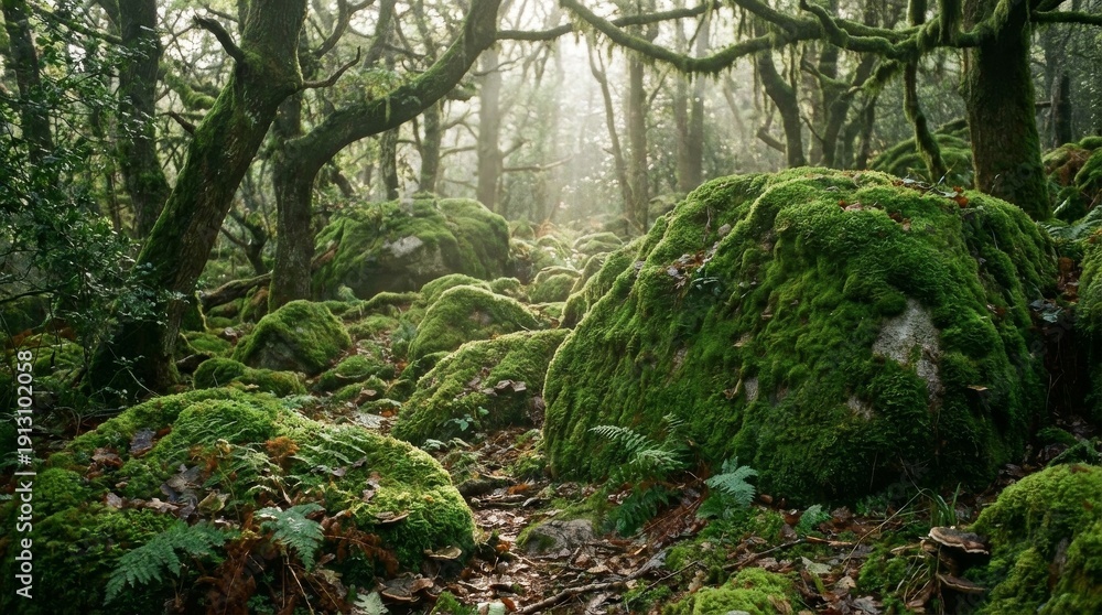 Obraz premium Lush green moss covers ancient rocks in a misty forest