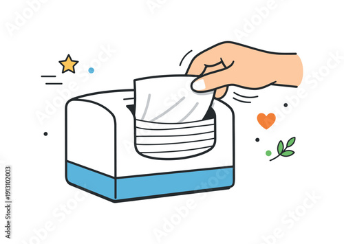 Everyday dining detail. A hand gently pulls a napkin from a simple dispenser. Subtle motion lines show interaction and ease of use.