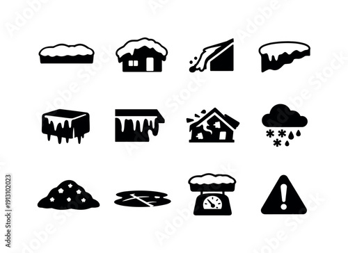 Snow Accumulation. Solid icon set of Snow Accumulation: snow layer, roof overload, sliding snow, snow cornice, ice block, frozen edge, roof
