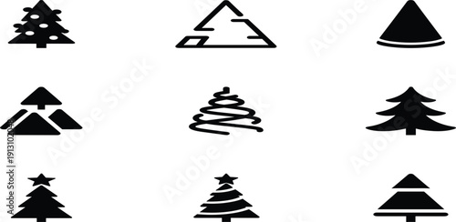 Christmas Tree Icon Set with Pine, Fir, Mountain Style, and Abstract Holiday Tree Silhouettes Black Vector Collection