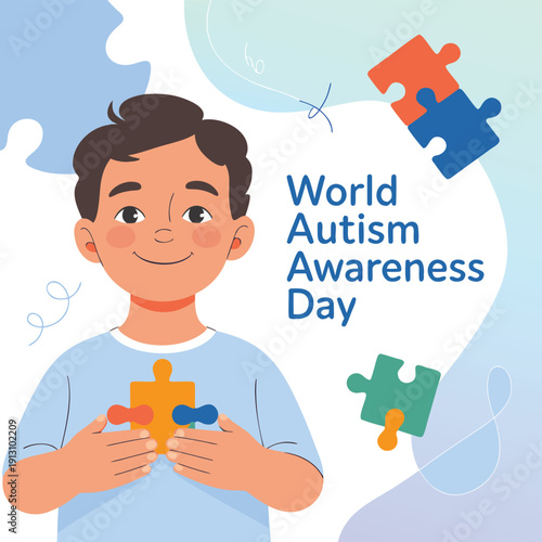 A young boy holds puzzle pieces symbolizing world autism awareness day with a supportive design