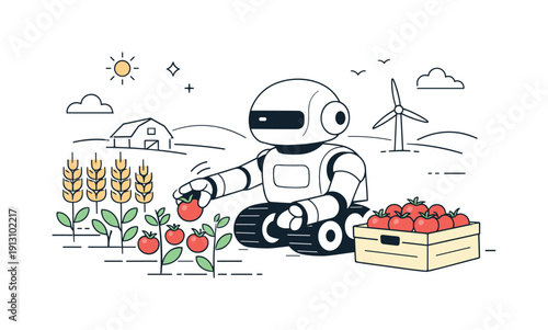 Futuristic Farming Bots. Robots in farming for harvesting. An agricultural robot gently picking ripe crops in a field, calm and efficient. The scene shows