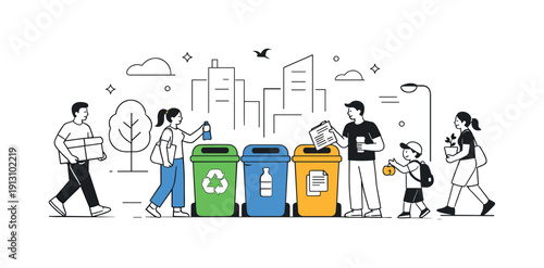 Urban recycling system. Public recycling bins arranged neatly in a city environment with people using them responsibly. Orderly, modern