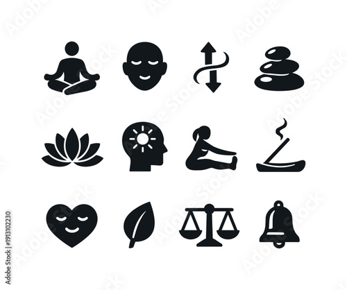    Peaceful meditation. Solid icon set of Peaceful meditation: cross legged meditator, serene face, inhale exhale arrows, zen rocks, lotus