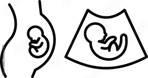Minimalist black line vector icon set of a human fetus in the womb and a medical ultrasound scan for pregnancy prenatal care and maternity branding