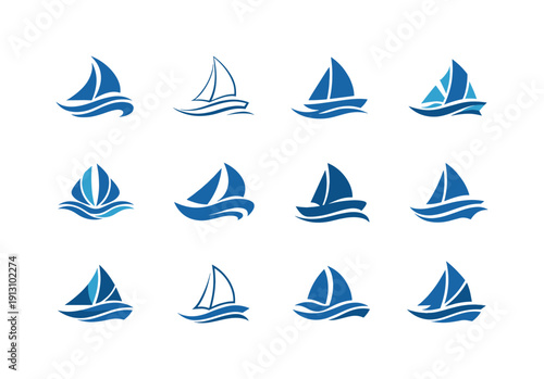 Coastal Breeze. Icon set. Set Logo of Coastal Breeze: sailboat in flowing breeze. harmonious logo variations of the same emblematic concept,