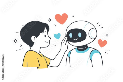 Human-Robot Harmony. Emotional connection with artificial minds. A human character gently interacting with a friendly synthetic being, soft gestures and