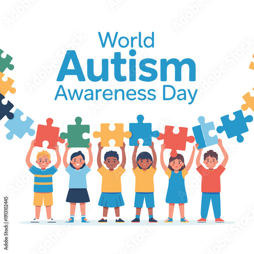 Children raising puzzle pieces to celebrate world autism awareness day promoting inclusivity and understanding high quality