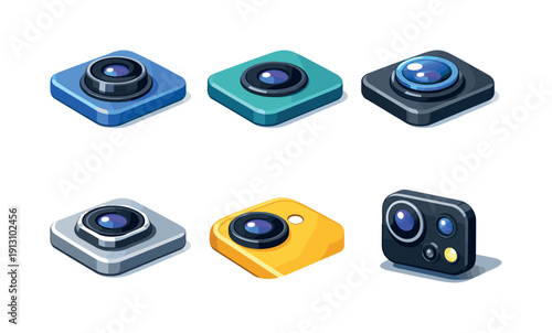    Smartphone camera lenses. Isometric flat vector icons set of smartphone camera lenses: camera lens protrusion detail, flush camera lens