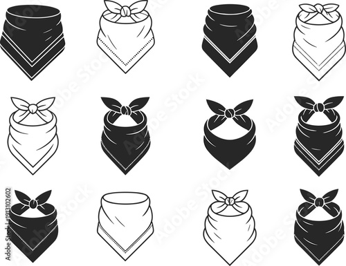 Vector silhouette set of neck bandanas and scarves in black and white styles with various knots for western cowboy fashion biker apparel and clothing branding,