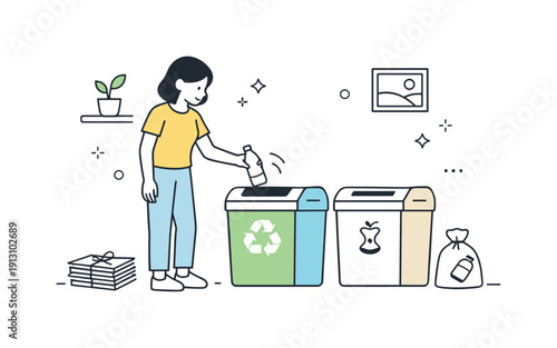 Home sorting routine. A person standing near compact sorting bins at home, creating a calm and tidy everyday scene. Minimalist flat vector