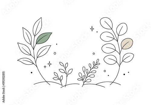 Botanical line art. Delicate line drawing of leaves and stems arranged in a calm, balanced composition. The scene feels natural, airy, and