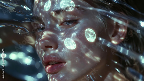 Woman with glowing moonlit face and water reflections