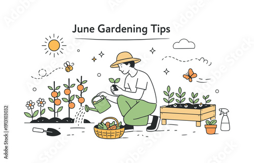 June gardening tips. A calm editorial scene of a person tending a garden in early summer, watering plants and checking growth under soft