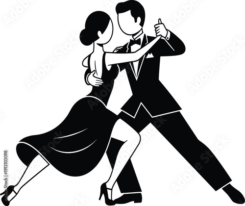 Black and white silhouette of a professional ballroom dance couple performing a romantic tango or waltz pose on white background