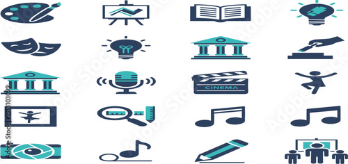 Arts and Media Icon Set with Music, Cinema, Theater, Museum, Painting, and Creative Culture Symbols Vector Illustration