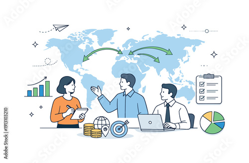 Business expansion into global markets. Company team planning international growth, calm strategy and confidence. World map, arrows, and