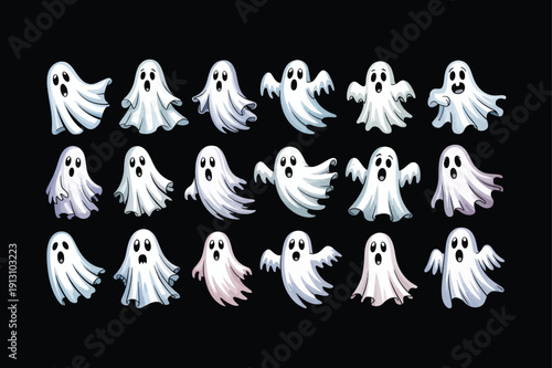 Cute Ghost Cartoon Character Collection. Funny Halloween Spirit Mascot Set with Different Expressions and Poses. White Spooky Phantom Vector Illustration Isolated on Black Background.
