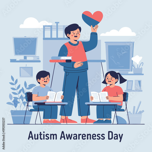 A teacher interacts with two students one holding a heart promoting autism awareness and inclusion
